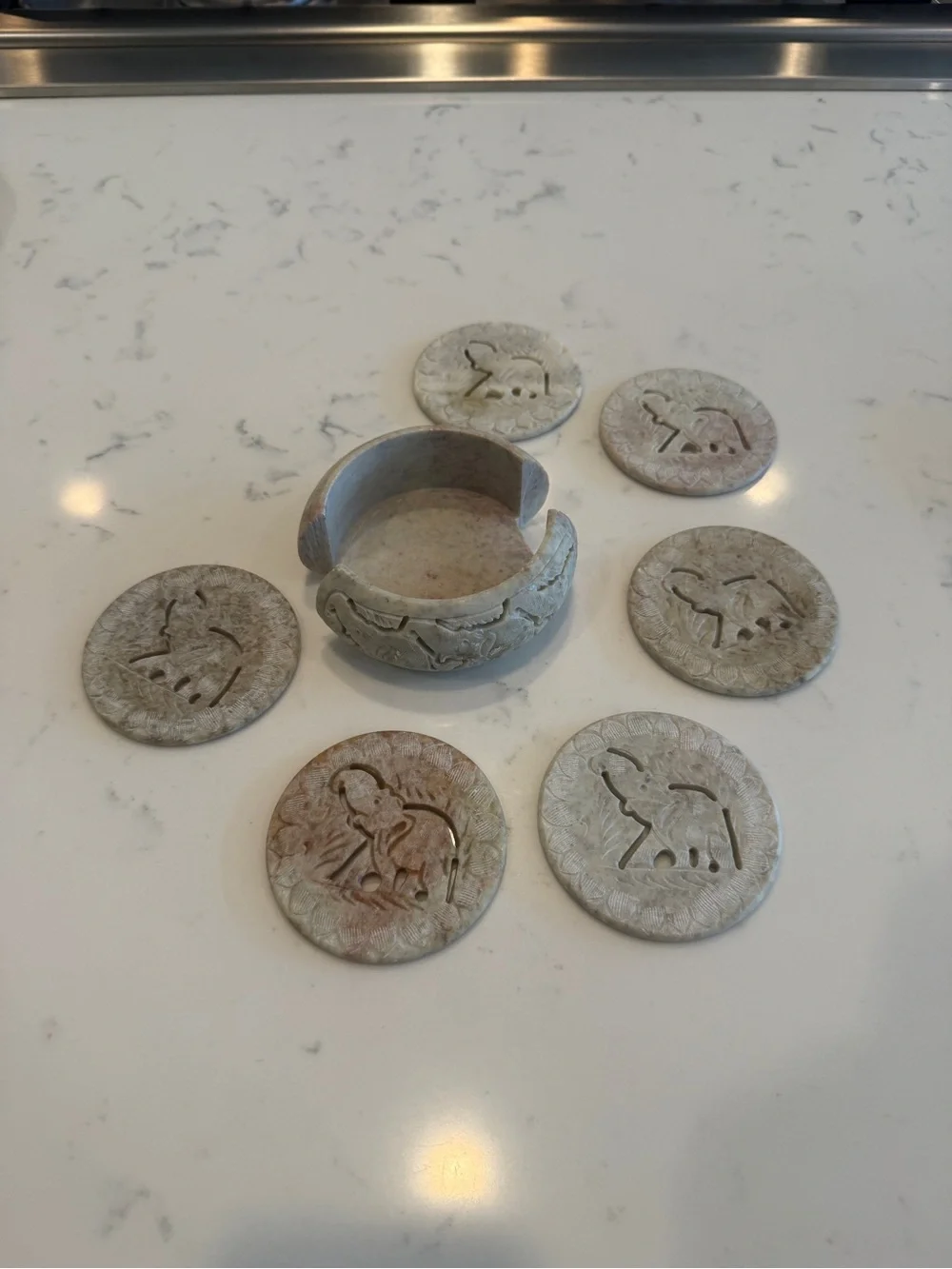 Hand-Carved 6 Soapstone Elephant Coaster Set with Holder Safari Wildlife Decor